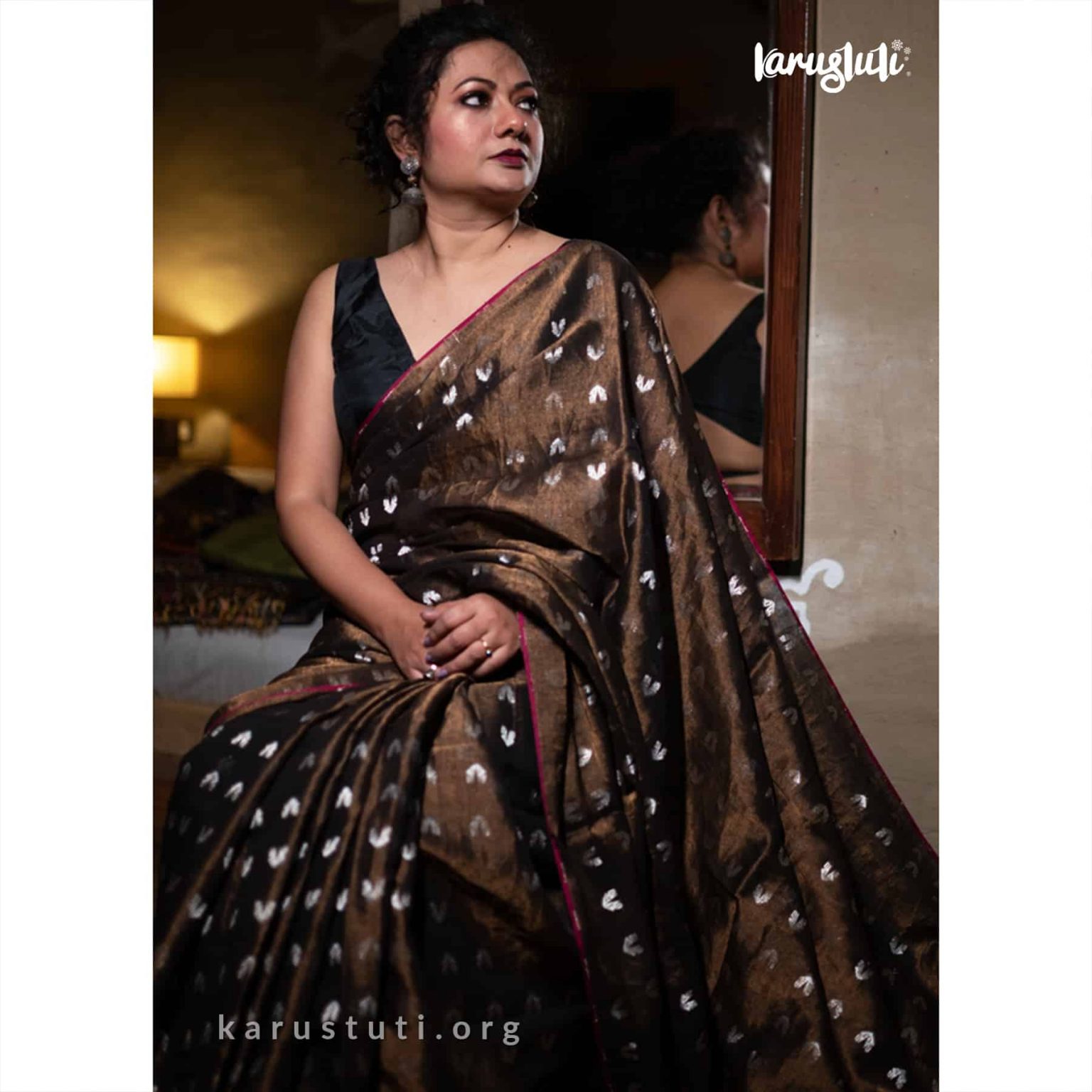 Handwoven Linen Saree - Black Pearl + Gold main image 1