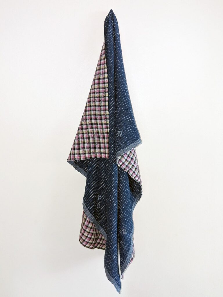 Baby blanket- blue and plaid Muslin jamdani with kantha stitching