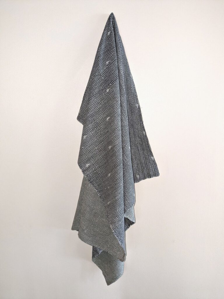 Baby blanket- dark gray and white Muslin jamdani with kantha stitching