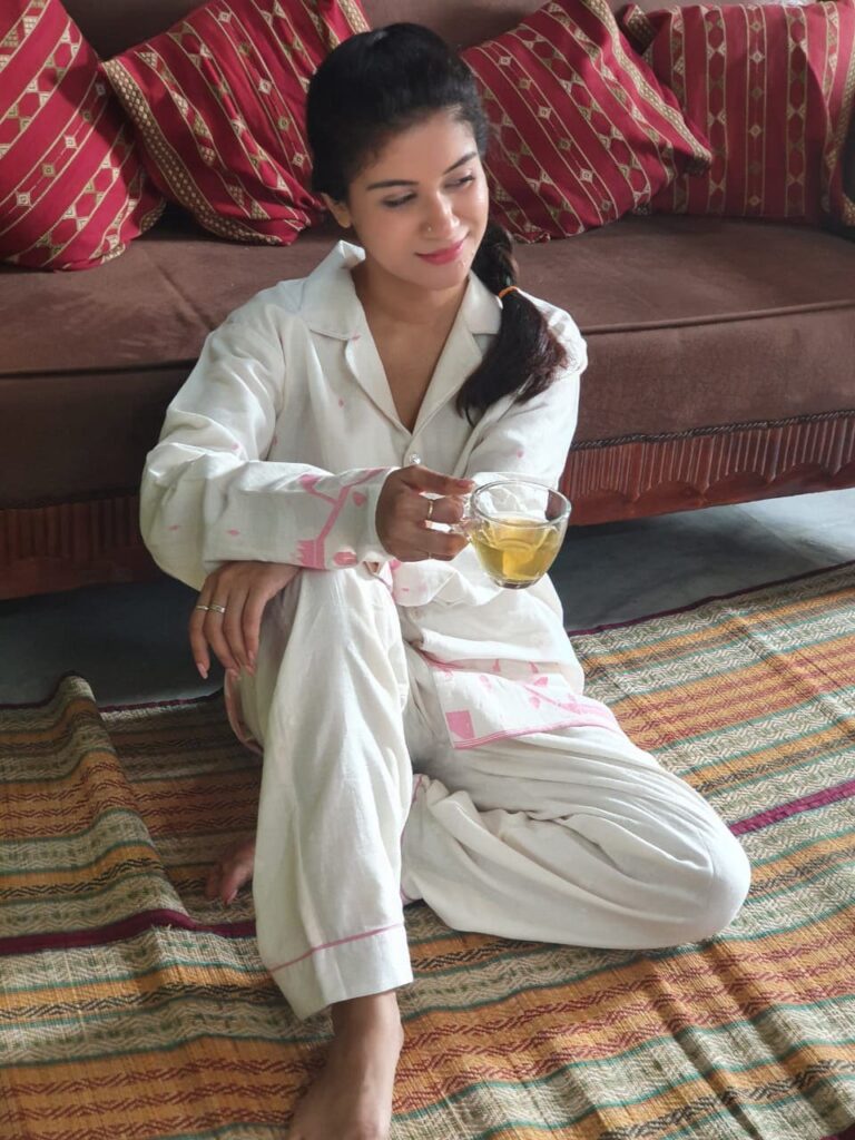 Pajama- white and pink Muslin jamdani