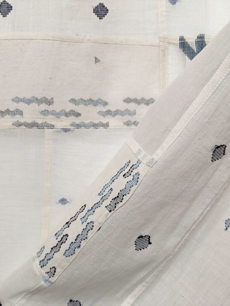 Panel- white patchwork with aqua and lavender, detail Muslin jamdani