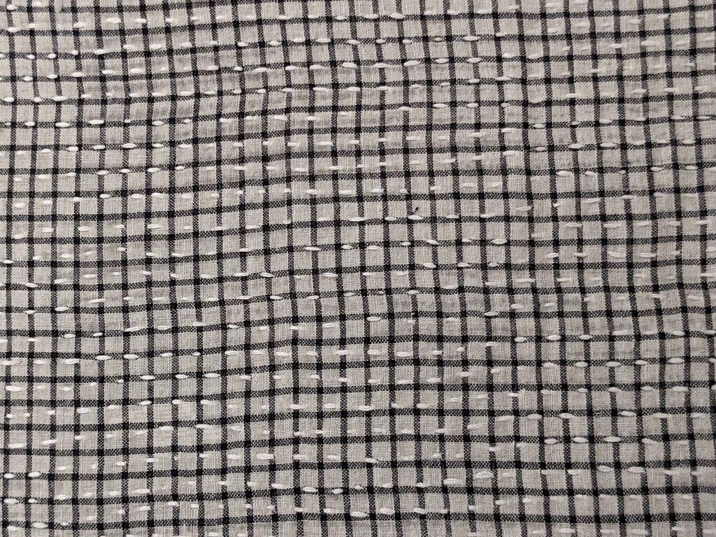 Pillow, square- black and white plaid detail Muslin jamdani and kantha stitching
