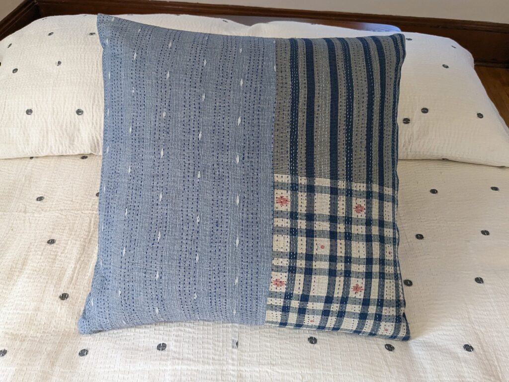Pillow square- blue patchwork Muslin jamdani and kantha stitching, with metallic