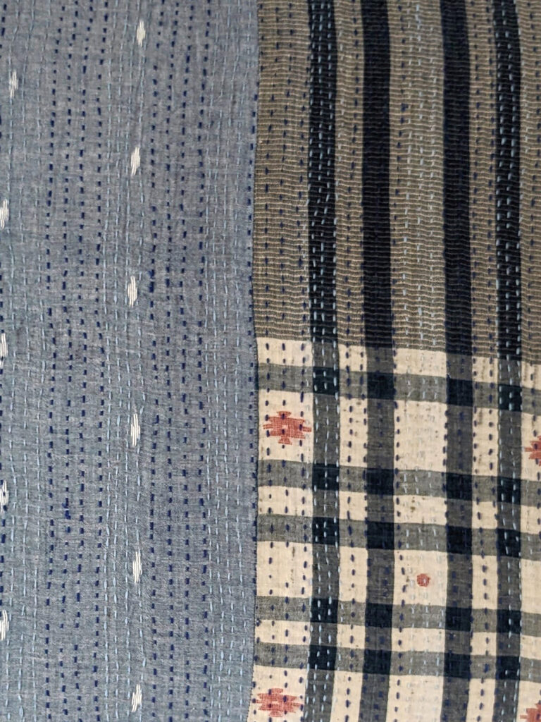 Pillow square- blue patchwork detail Muslin jamdani and kantha stitching, with metallic