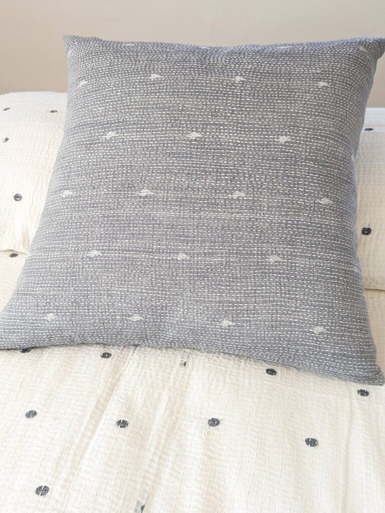 Pillow, square- light gray with paisley Muslin jamdani with kantha stitching