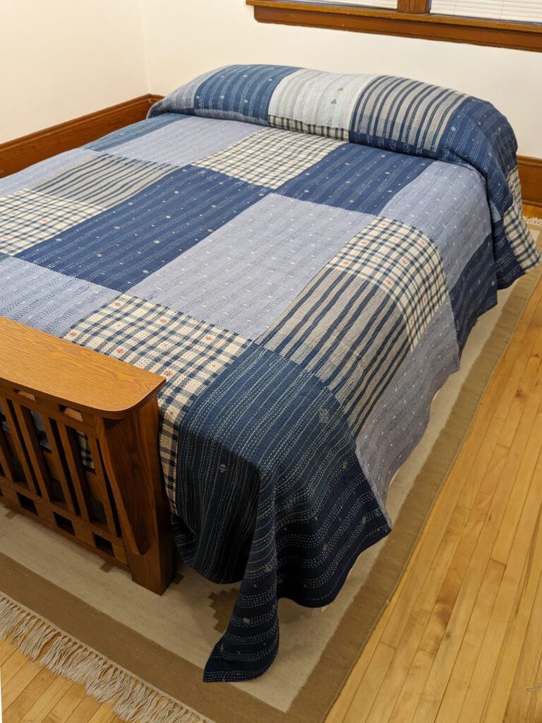 Quilt- blue patchwork Muslin jamdani and stitched kantha with metallic