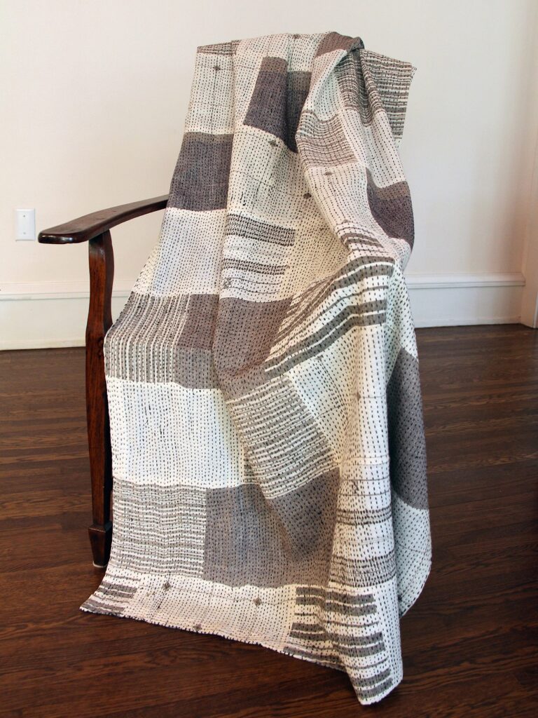 Quilt- brown and white patchwork twin bed Muslin jamdani with kantha stitching