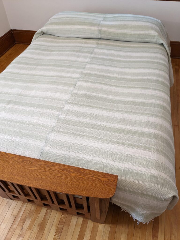 Quilt- white, sage, and mustard Muslin and kantha stitching