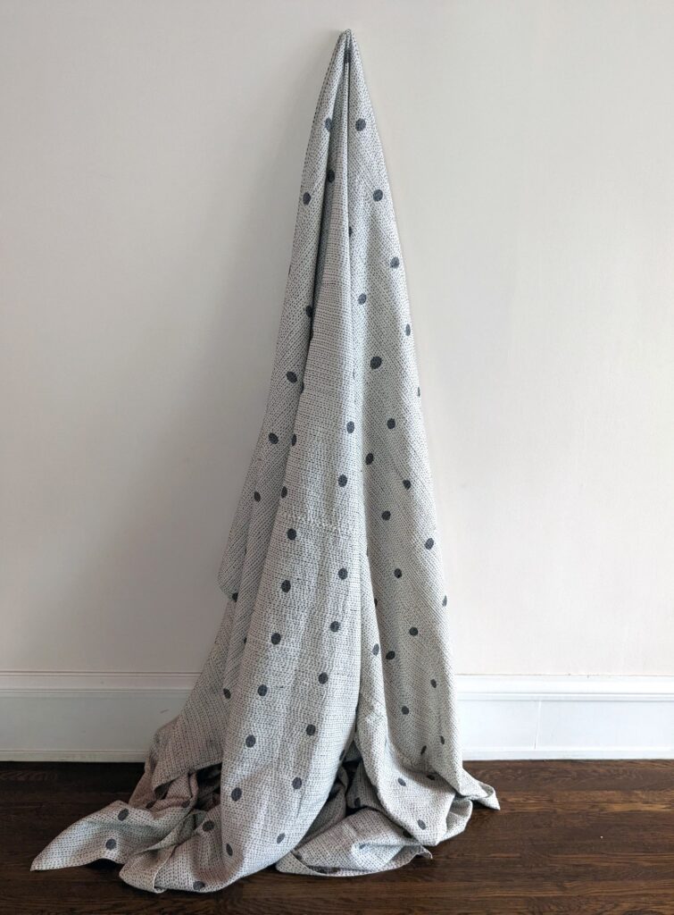 Quilt- white with black dots draped king size Muslin jamdani and stitched kantha